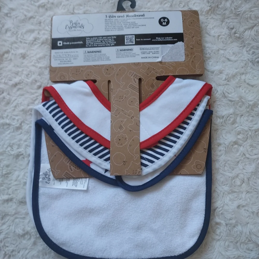 Baby Essentials 0-6mo Red White & Blue Patriotic Bib & Headband Set